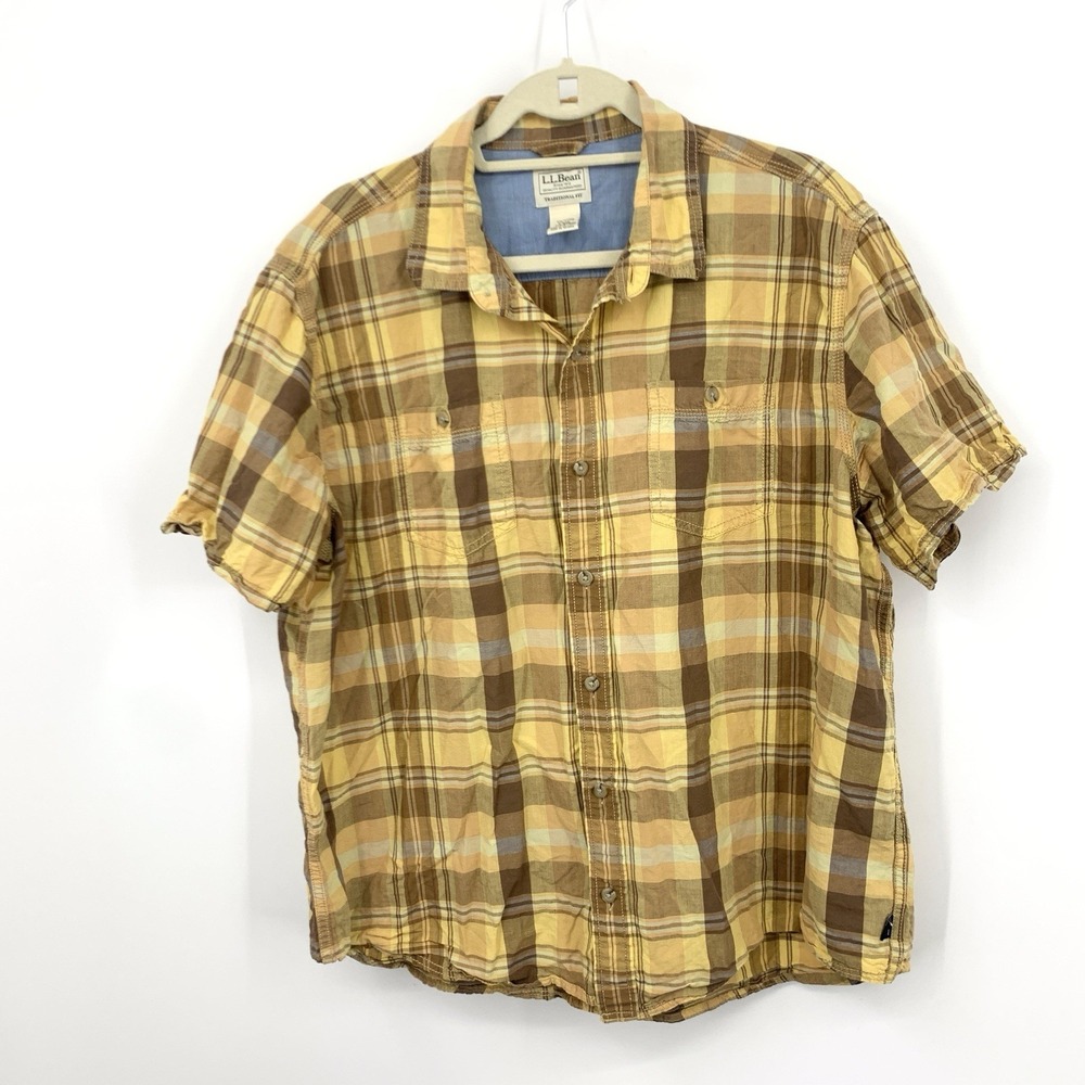 LL Bean Men Size XL Shirt Yellow Brown Plaid Short Sleeve Button Down Top Cotton